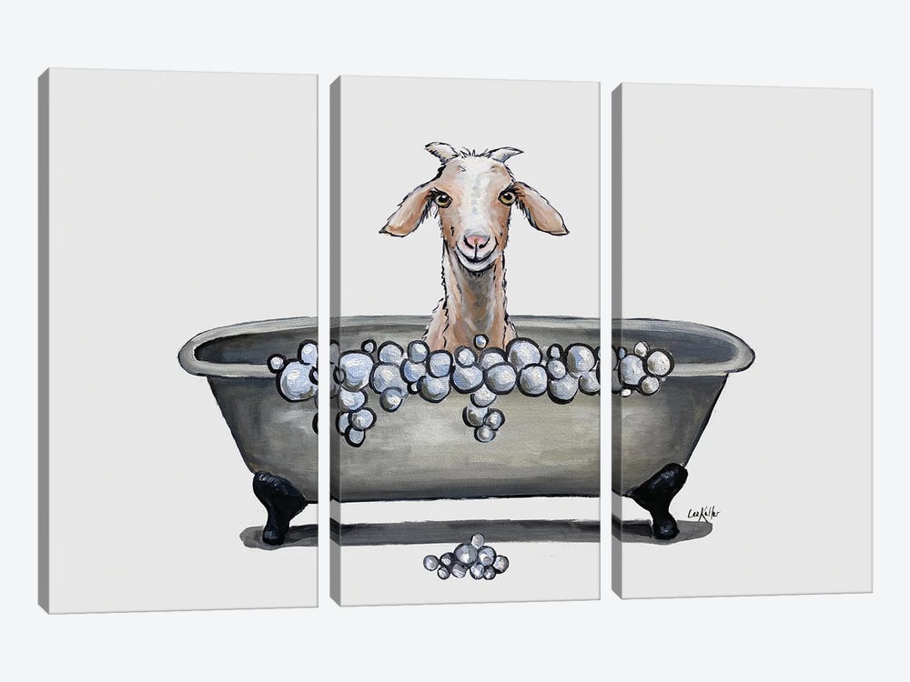 Goat In Bathtub, 'Shyla' The Goat Bathroom Art by Hippie Hound Studios 3-piece Art Print