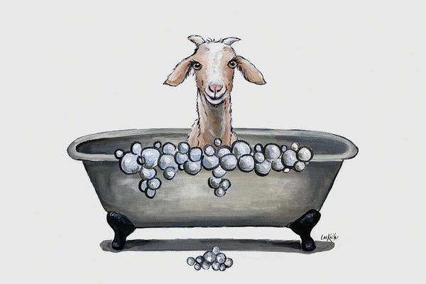 Goats: Goat In Bathtub, 'Shyla' The Goat Bathroom Art by Hippie Hound Studios