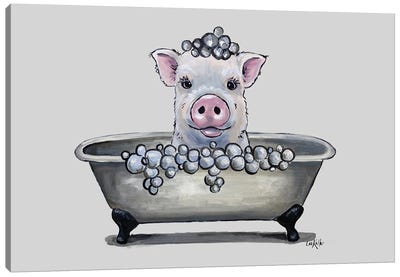 Pig In A Tub, Bathtub Pig Bathroom Art 'Delbert' Canvas Art Print - Pig Art