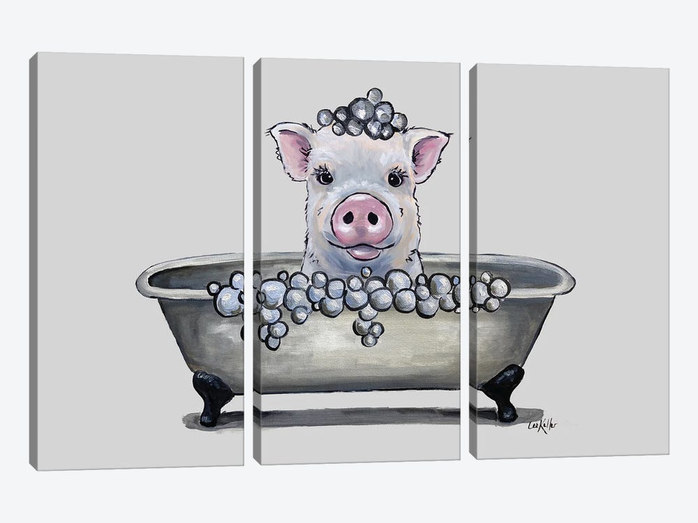 Pig In A Tub, Bathtub Pig Bathroom Art 'Delbert' by Hippie Hound Studios 3-piece Canvas Artwork