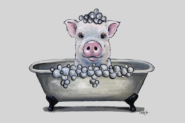 Pigs: Pig In A Tub, Bathtub Pig Bathroom Art 'Delbert' by Hippie Hound Studios