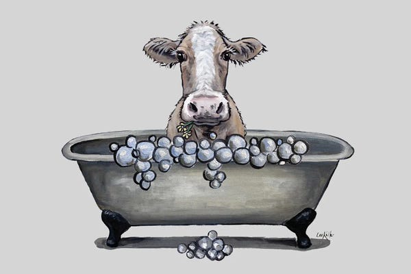 Hippie Hound Studios: Cow In A Tub, Cow Bathroom Art 'maizy' by Hippie Hound Studios