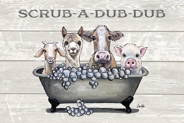 Bathtub Farm Animals, Farm Animal Bathtub Scrub-A-Dub-Dub by Hippie Hound Studios wall art