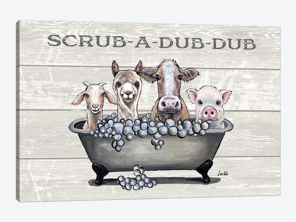 Bathtub Farm Animals, Farm Animal Bathtub Scrub-A-Dub-Dub by Hippie Hound Studios 1-piece Canvas Art Print