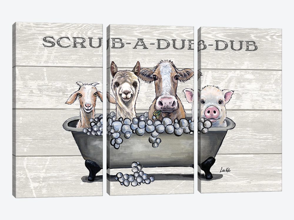 Bathtub Farm Animals, Farm Animal Bathtub Scrub-A-Dub-Dub by Hippie Hound Studios 3-piece Canvas Art Print