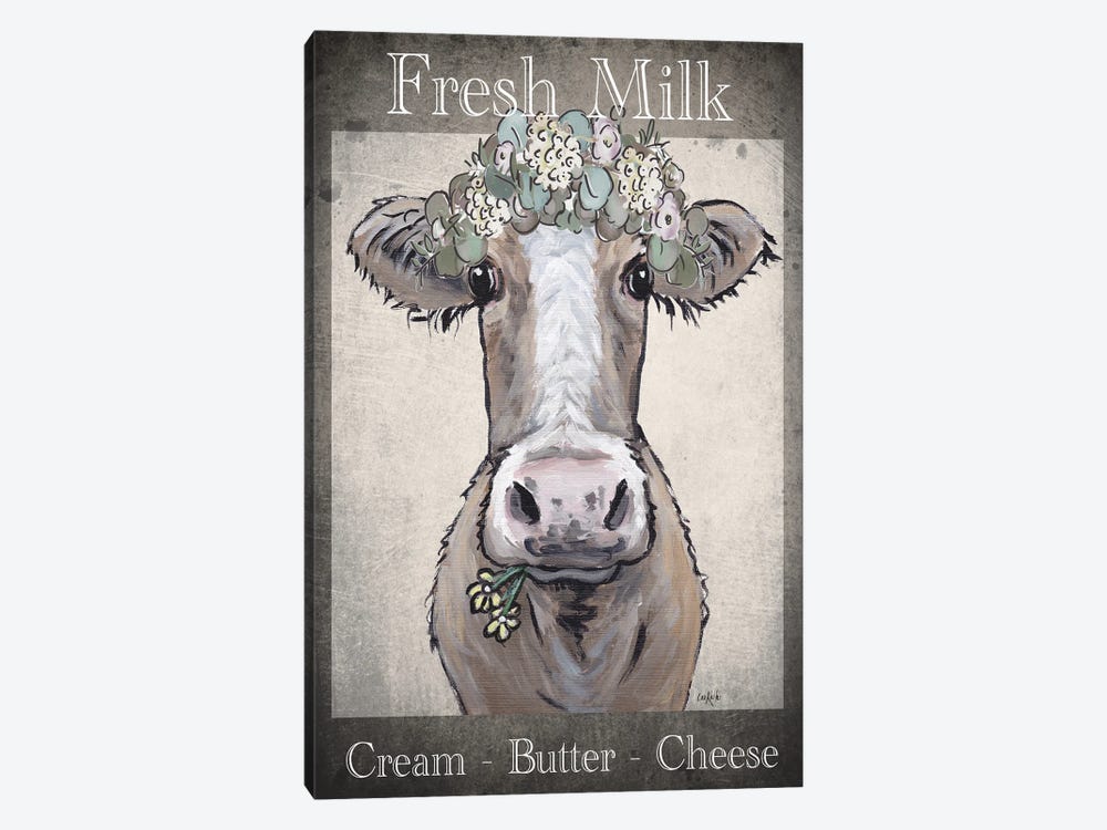 Fresh Milk Sign, Cow Farmhouse Art, 'Maizy' The Cow by Hippie Hound Studios 1-piece Canvas Art Print