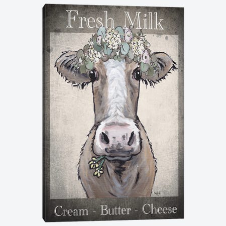 Fresh Milk Sign, Cow Farmhouse Art, 'Maizy' The Cow Canvas Print #HHS582} by Hippie Hound Studios Art Print
