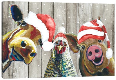 Barnyard Christmas, Funny Farm Animal Christmas Trio, Farmhouse Christmas Canvas Art Print - Farm Animal Art