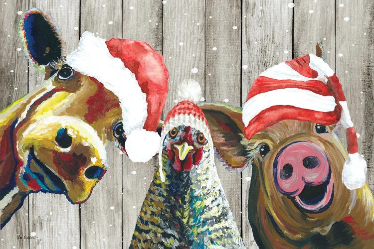 Barnyard Christmas, Funny Farm Animal Christmas Trio, Farmhouse Christmas by Hippie Hound Studios wall art