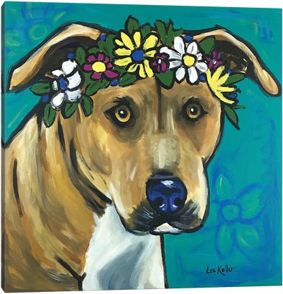 Pit Bull With Flowers Canvas Art Print - American Pit Bull Terriers