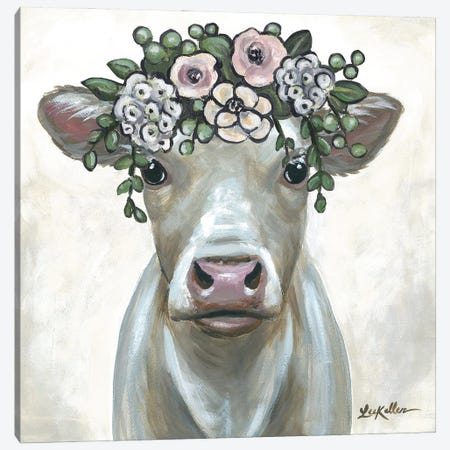 Cow With Flower Crown, Milkshake Farmhouse Cow Canvas Print #HHS590} by Hippie Hound Studios Canvas Artwork
