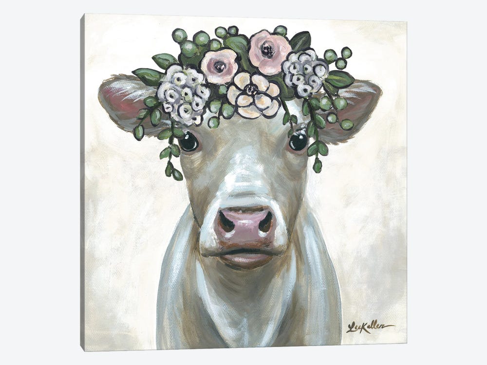 Cow With Flower Crown, Milkshake Farmhouse Cow by Hippie Hound Studios 1-piece Canvas Art
