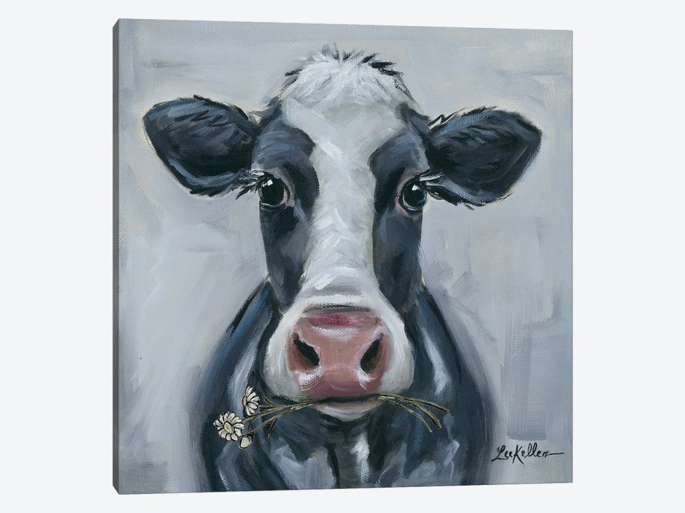 Cow With Daisies, Oreo Black And White Farmhouse Cow by Hippie Hound Studios 1-piece Canvas Print