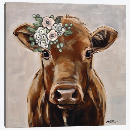 Brown Cow With Flowers, Hershey Farmhouse Cow Canvas Print #HHS592} by Hippie Hound Studios Canvas Wall Art