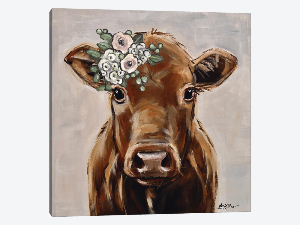 Brown Cow With Flowers, Hershey Farmhouse Cow by Hippie Hound Studios 1-piece Canvas Art