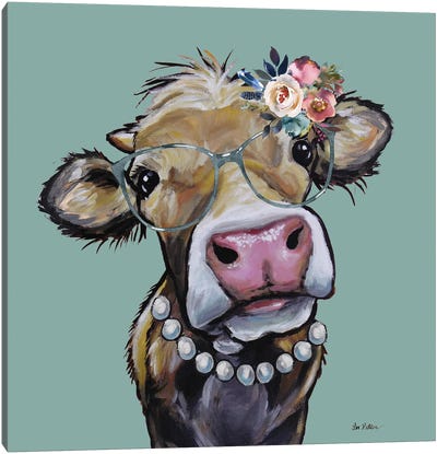 Fancy Hazel Cow With Flowers And Pearls Canvas Art Print - Hippie Hound Studios