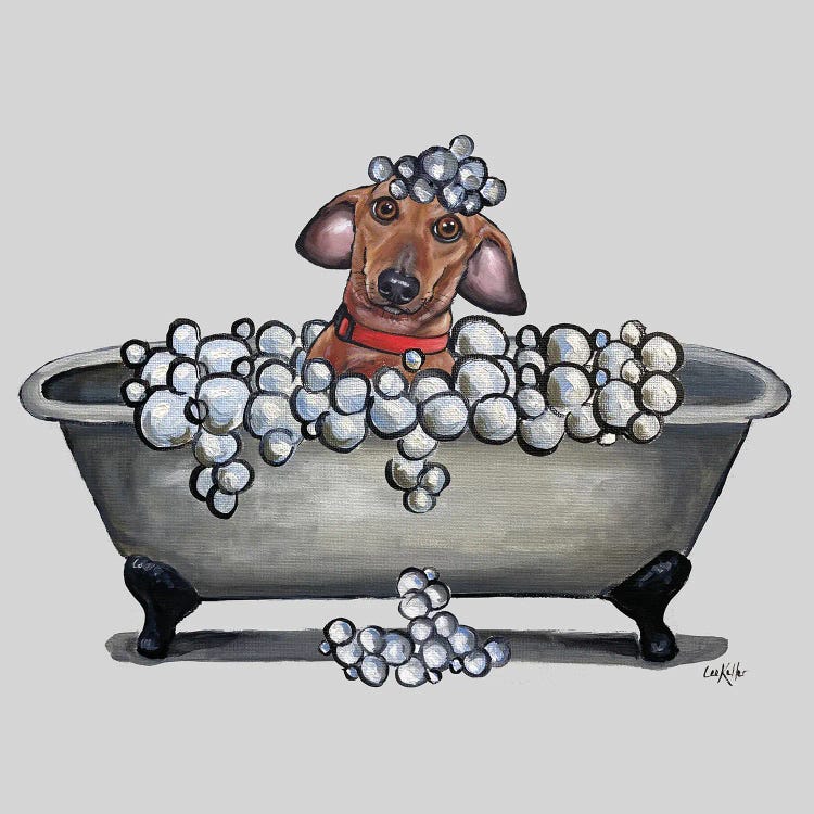 Dogs In Tubs Series, Dachshund In Bathtub, Wash Your Weinie by Hippie Hound Studios wall art