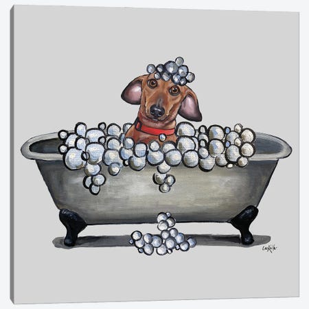 Dogs In Tubs Series, Dachshund In Bathtub, Wash Your Weinie Canvas Print #HHS596} by Hippie Hound Studios Canvas Art Print