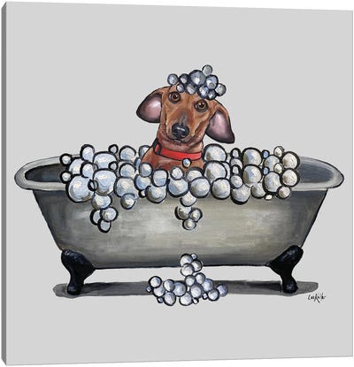 Dogs In Tubs Series, Dachshund In Bathtub, Wash Your Weinie Canvas Art Print - Bathroom Break
