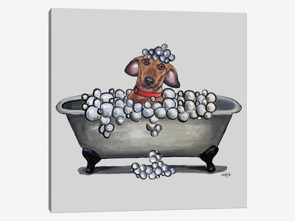 Dogs In Tubs Series, Dachshund In Bathtub, Wash Your Weinie by Hippie Hound Studios 1-piece Canvas Artwork