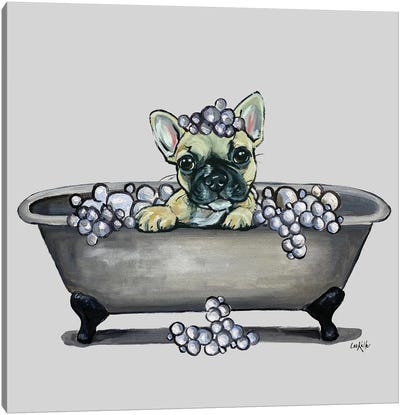 Dogs In Tubs Series, Frenchie In Bathtub, French Bulldog Canvas Art Print - Hippie Hound Studios
