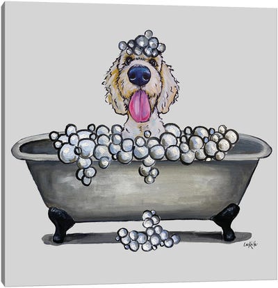 Dogs In The Tub Series, Golden Doodle In Bathtub Canvas Art Print - Hippie Hound Studios