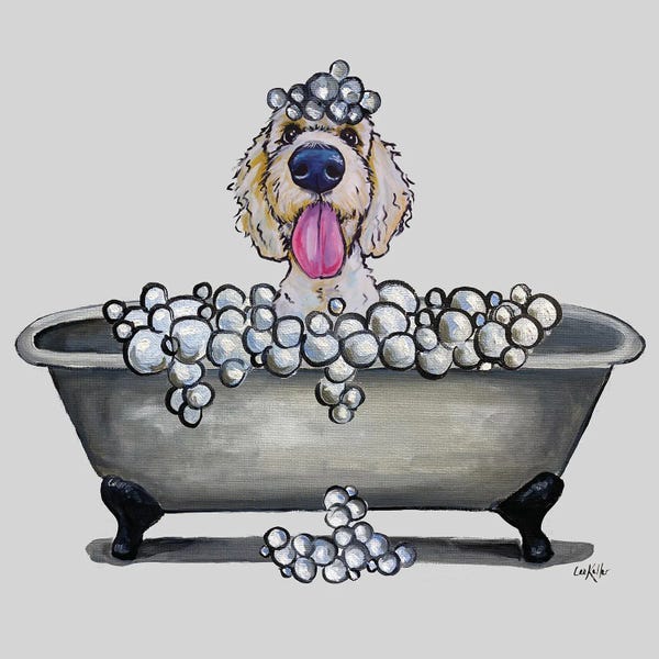 Animal Humor: Dogs In The Tub Series, Golden Doodle In Bathtub by Hippie Hound Studios