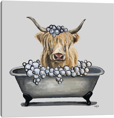 Animals In The Tub Series, Highland Cow In Bathtub Canvas Art Print - Bathroom Humor Art