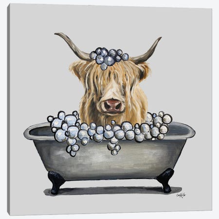 Animals In The Tub Series, Highland Cow In Bathtub Canvas Print #HHS601} by Hippie Hound Studios Canvas Wall Art