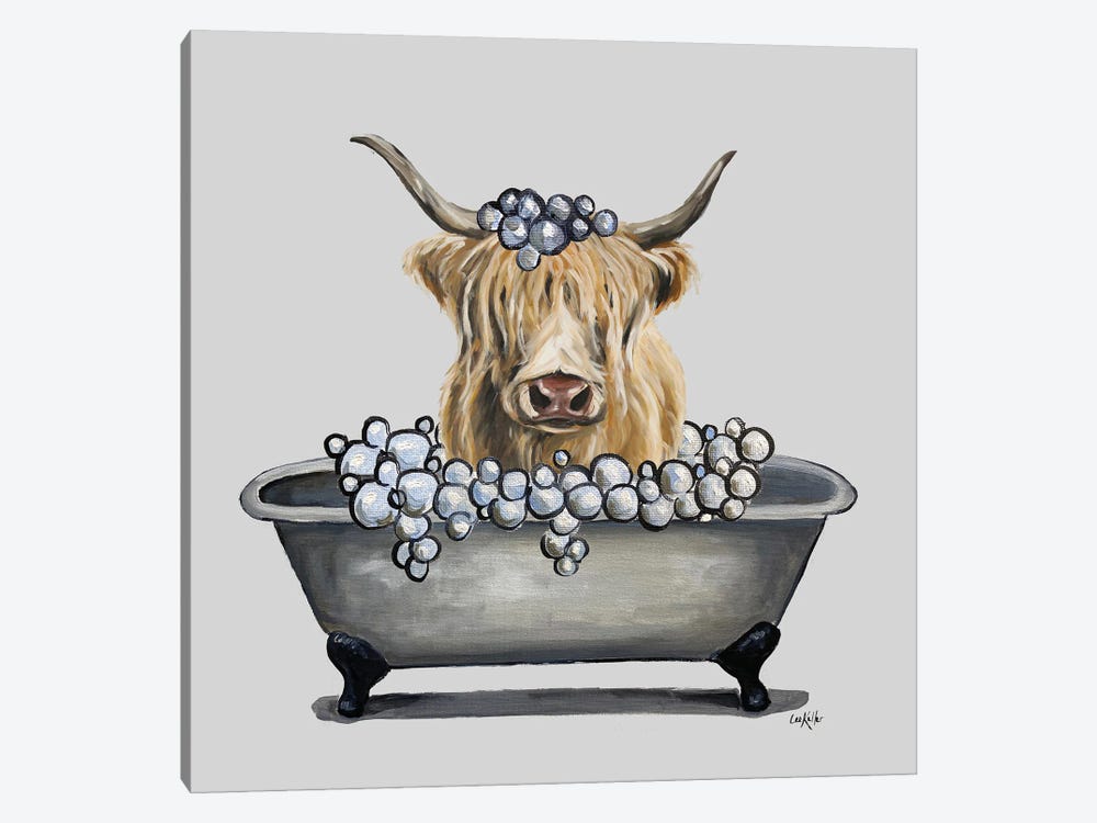 Animals In The Tub Series, Highland Cow In Bathtub by Hippie Hound Studios 1-piece Canvas Artwork