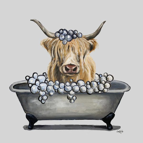 Bathroom Break: Animals In The Tub Series, Highland Cow In Bathtub by Hippie Hound Studios