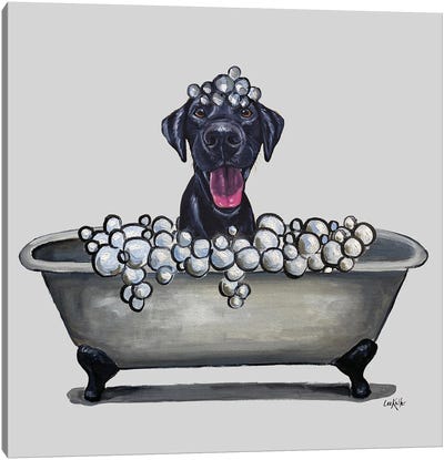 Dogs In The Tub Series, Black Lab In Bathtub Canvas Art Print - Bathroom Humor Art