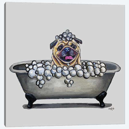 Dogs In The Tub Series, Pug In Bathtub Canvas Print #HHS603} by Hippie Hound Studios Canvas Artwork
