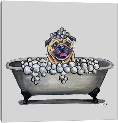 Dogs In The Tub Series, Pug In Bathtub Canvas Art Print - Hippie Hound Studios