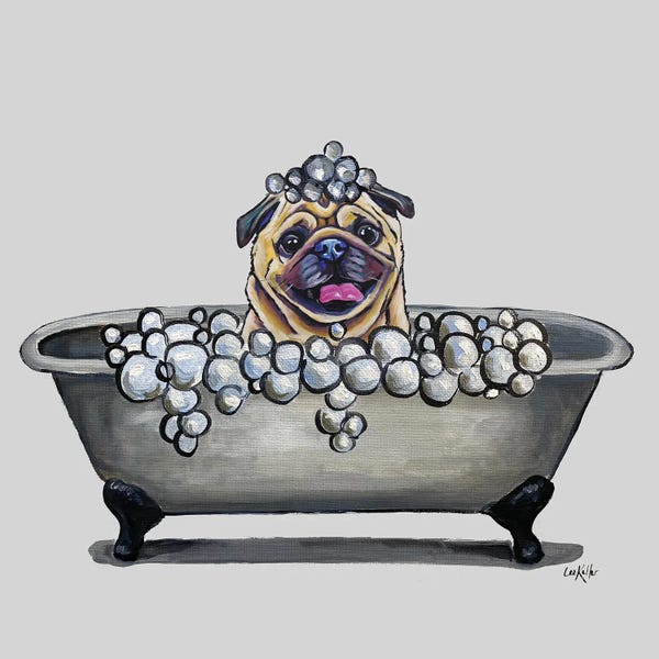 Bathroom Humor: Dogs In The Tub Series, Pug In Bathtub by Hippie Hound Studios