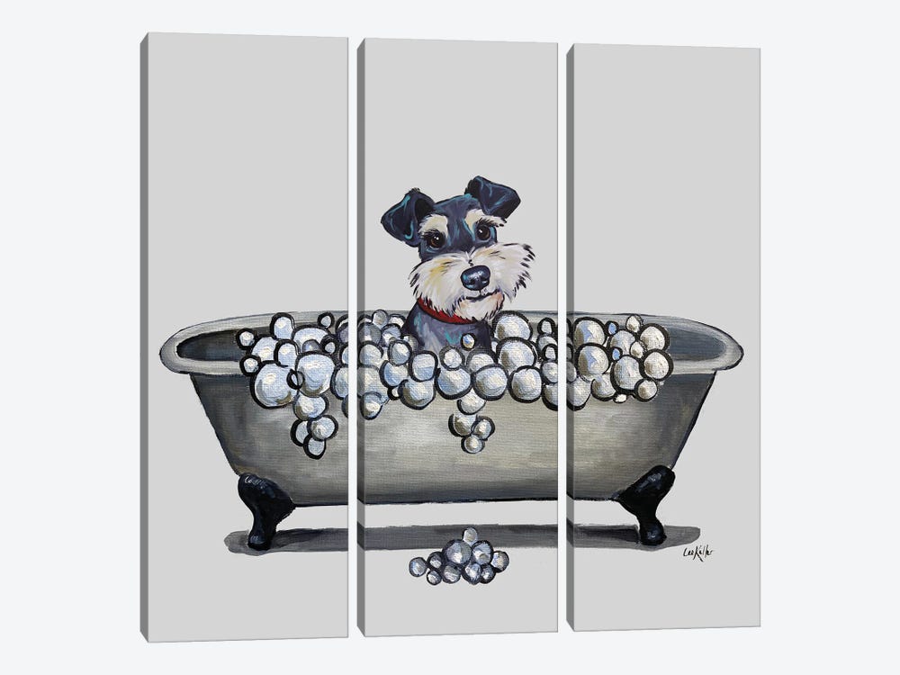 Dogs In The Tub Series, Schnauzer In Bathtub by Hippie Hound Studios 3-piece Canvas Print