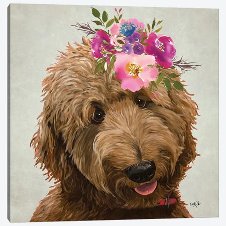Flower Crown Doodle, Golden Doodle With Flowers Canvas Print #HHS613} by Hippie Hound Studios Art Print