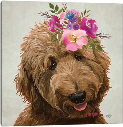 Flower Crown Doodle, Golden Doodle With Flowers Canvas Art Print - Hippie Hound Studios