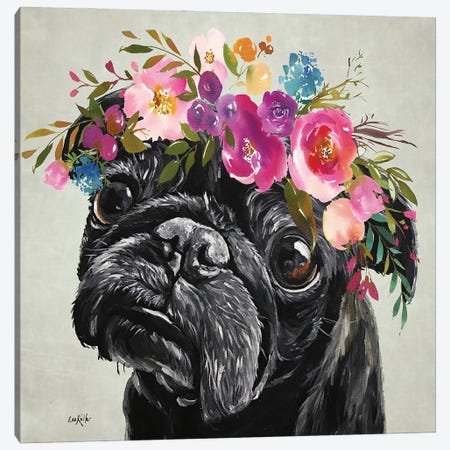 Flower Crown Pug, Black Pug With Flowers Canvas Print #HHS614} by Hippie Hound Studios Canvas Art