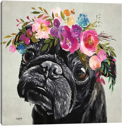 Flower Crown Pug, Black Pug With Flowers Canvas Art Print - Pug Art