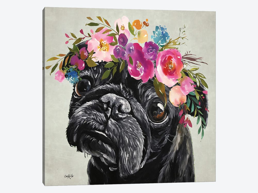 Flower Crown Pug, Black Pug With Flowers by Hippie Hound Studios 1-piece Canvas Wall Art