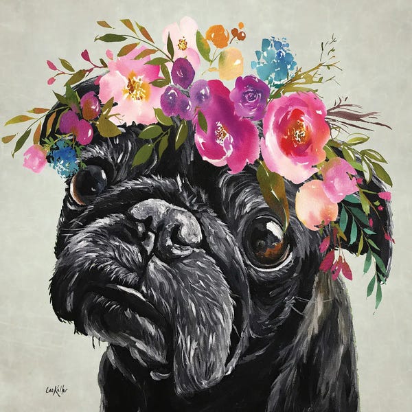 Hippie Hound Studios: Flower Crown Pug, Black Pug With Flowers by Hippie Hound Studios