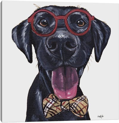Traveling Sales-Lab, Black Lab With Glasses And Bowtie Canvas Art Print - Labrador Retriever Art