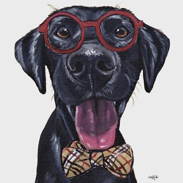 Labrador Retrievers: Traveling Sales-Lab, Black Lab With Glasses And Bowtie by Hippie Hound Studios