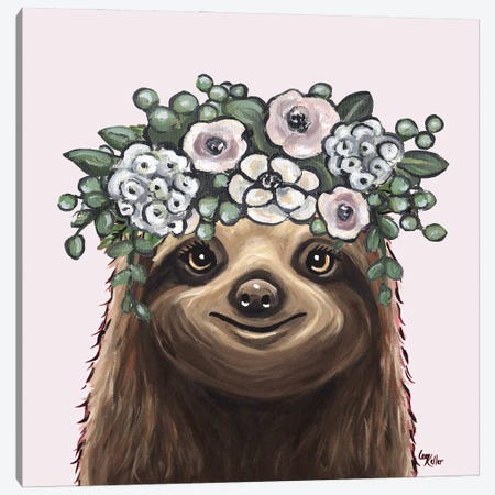 Boho Sloth With Flower Crown Canvas Print #HHS642} by Hippie Hound Studios Canvas Wall Art