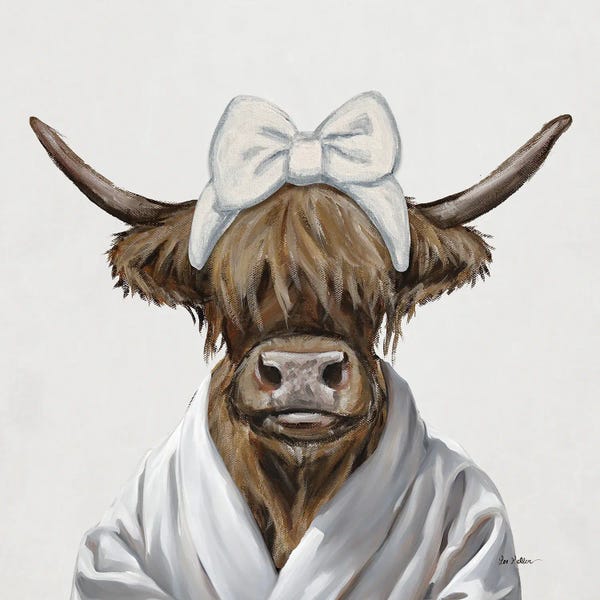 Hippie Hound Studios: Bathroom Highland Cow With Bow And Robe by Hippie Hound Studios