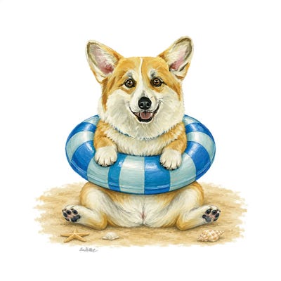 Canvas Art Prints: Corgi Beach - Coastal Dogs by Hippie Hound Studios