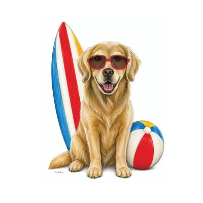 Canvas Art Prints: Golden Retriever Beach - Coastal Dogs by Hippie Hound Studios