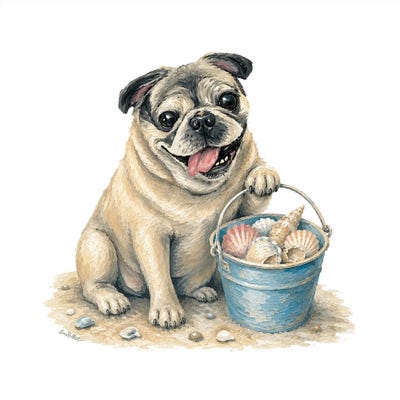 Canvas Art Prints: Pug Beach - Coastal Dogs by Hippie Hound Studios