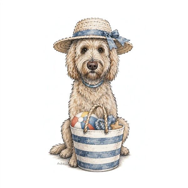 Hippie Hound Studios: Tan Golden Doodle Beach - Coastal Dogs by Hippie Hound Studios